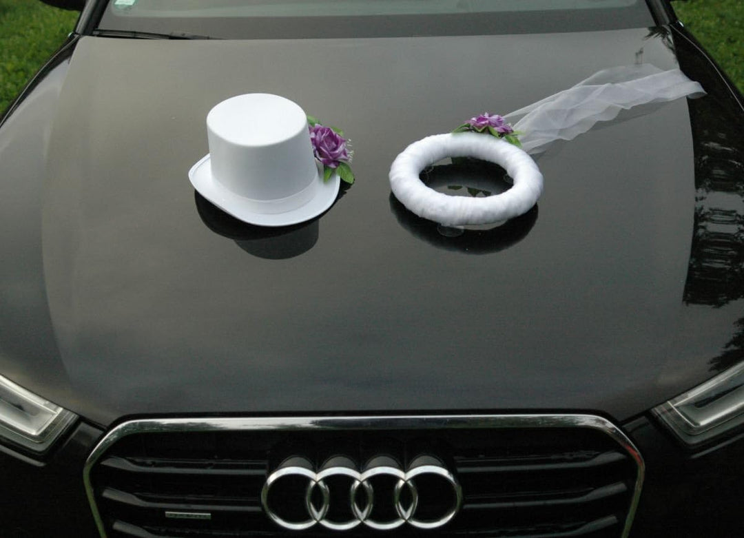 Schleier UND Hut Autoschmuck Rose Car Dekoration Hochzeit Wedding ®Auto-schmuck (Lila/Weiss) Lila /