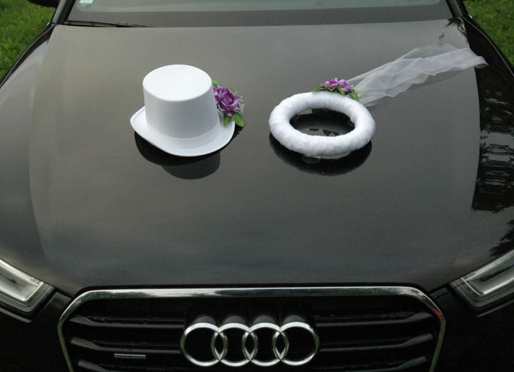 Schleier UND Hut Autoschmuck Rose Car Dekoration Hochzeit Wedding ®Auto-schmuck (Lila/Weiss) Lila /