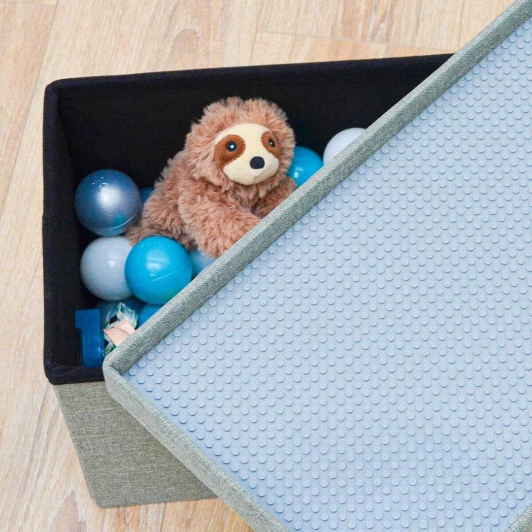 DuneDesign Kinder Aufbewahrungsbox mit Bauplatte im Deckel - 53x27x30 Sitzbank - Baustein Spieltisch