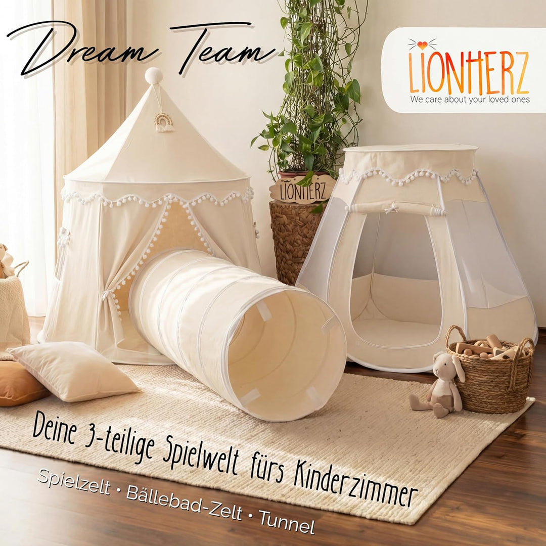 LIONHERZ® Spieltunnel für Kinder aus Baumwolle/Hanf mit Klettverschlüssen [180cm x 46cm] Krabbeltunn