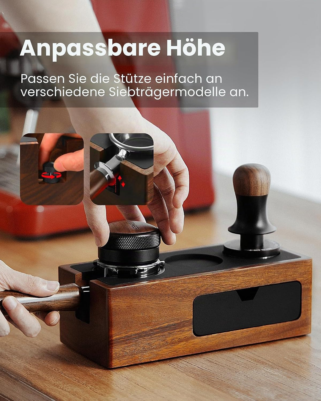 MHW-3BOMBER Espresso-Tampingstation, 4-in-1 Walnuss-Espresso-Organizer-Box mit magnetischer Schublad