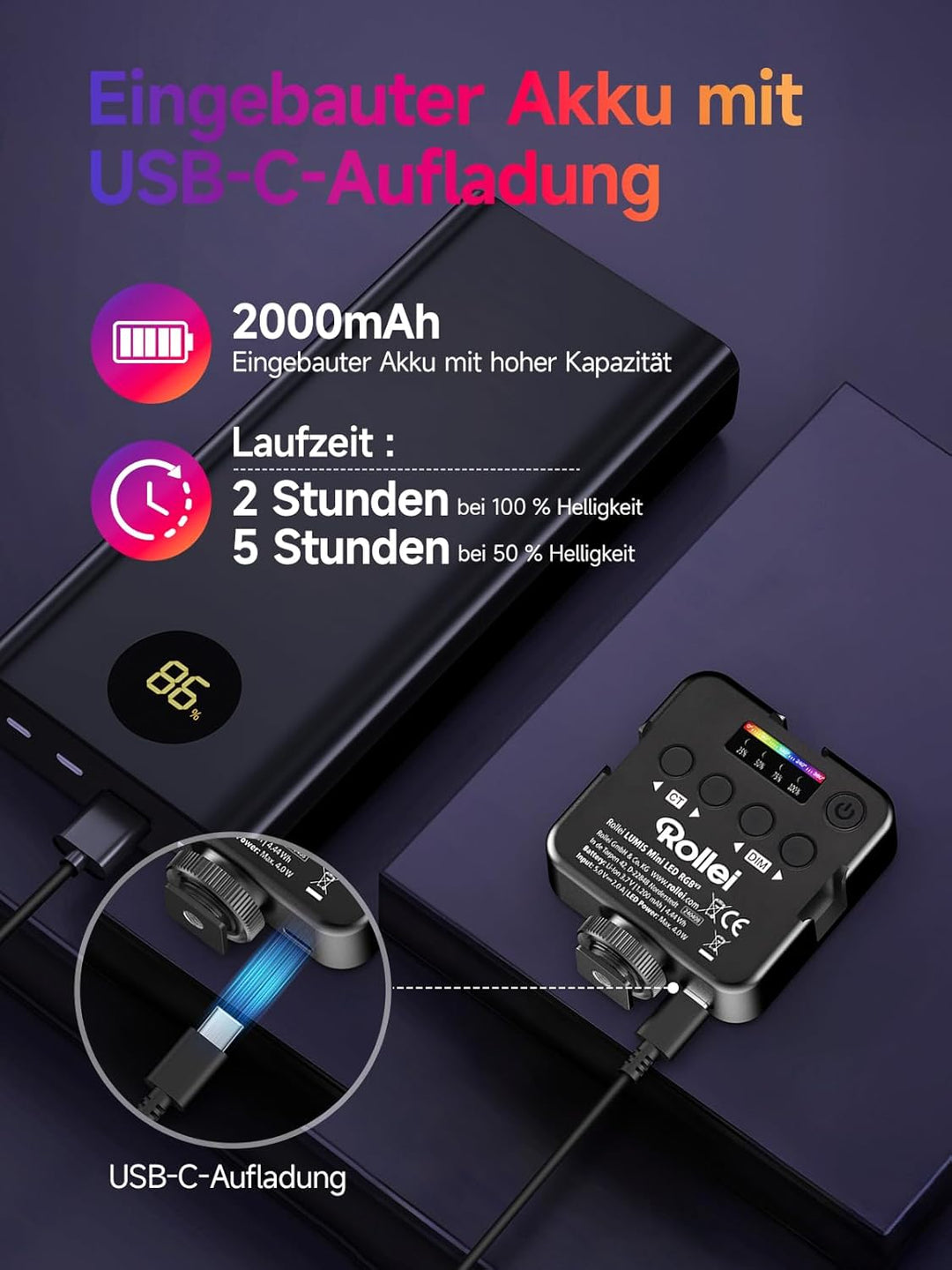 Rollei Lumis Mini RGB-Color LED-Dauerlicht, Videoleuchte mit 60 LED´s, 2500-9000K,6 W, 200 lux (0.5m