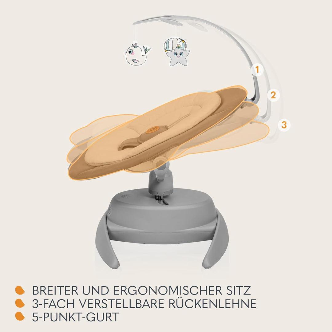 LIONELO MELL Elektrische Babywippe mit 360o Drehung für Babys bis 9 kg Verstellbare Rückenlehne 5 Sc