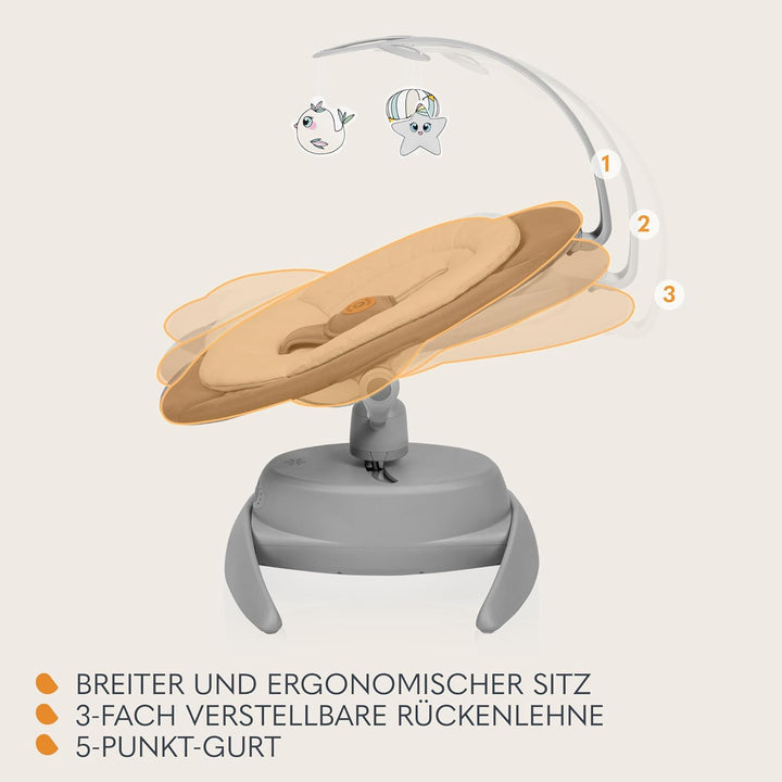 LIONELO MELL Elektrische Babywippe mit 360o Drehung für Babys bis 9 kg Verstellbare Rückenlehne 5 Sc