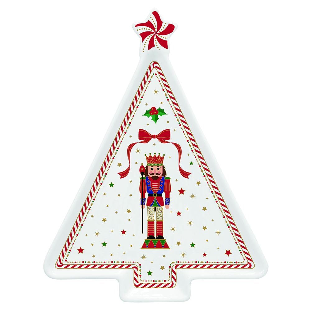 Easy Life Weihnachtsbaumförmiger Weihnachtsteller aus Porzellan mit Vintage-Nussknacker-Soldat „Nuss