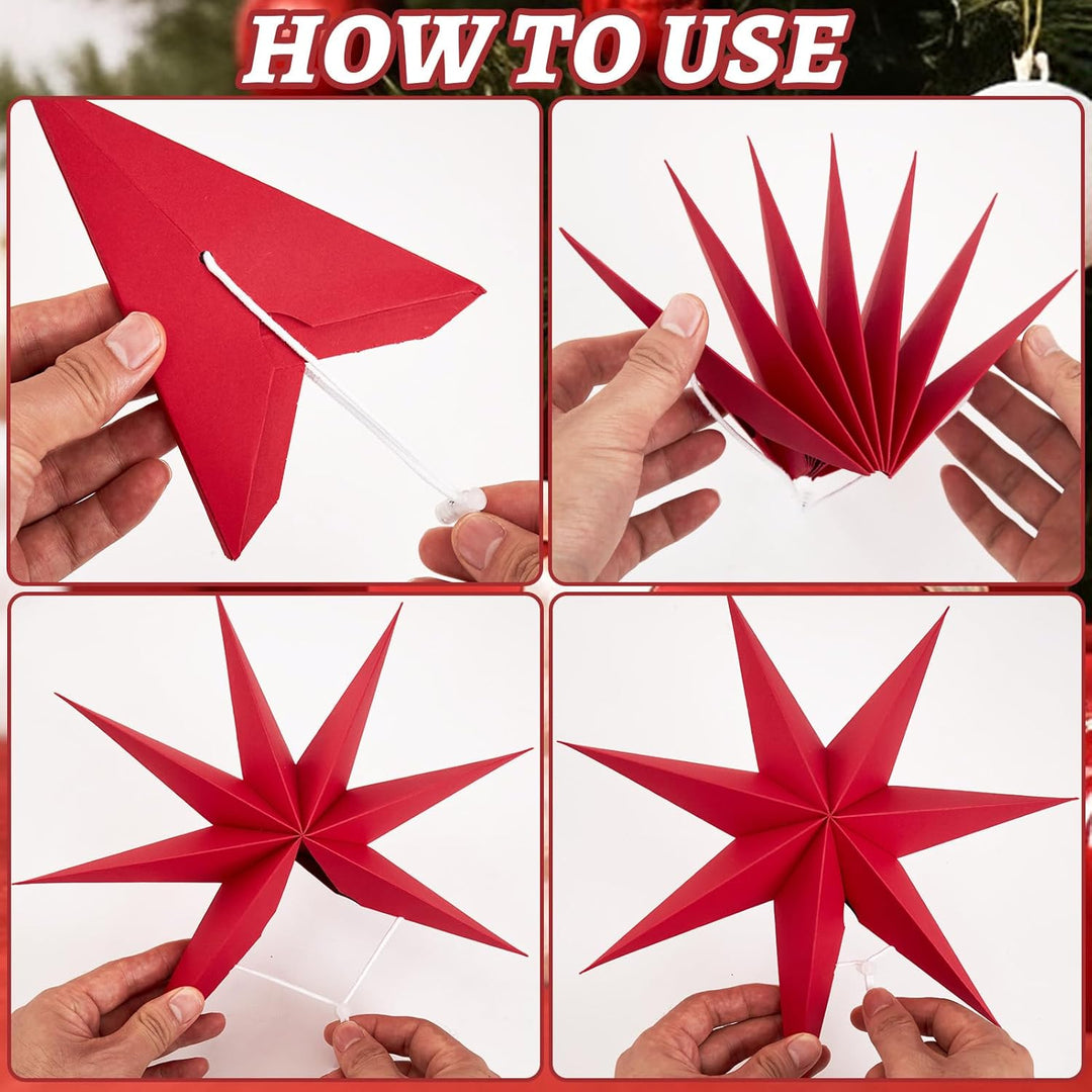 Weihnachts Papiersterne Ornamente Set - 5 Stück 3D Faltbare Hängende Sterne in Rot, Weiss, Braun und
