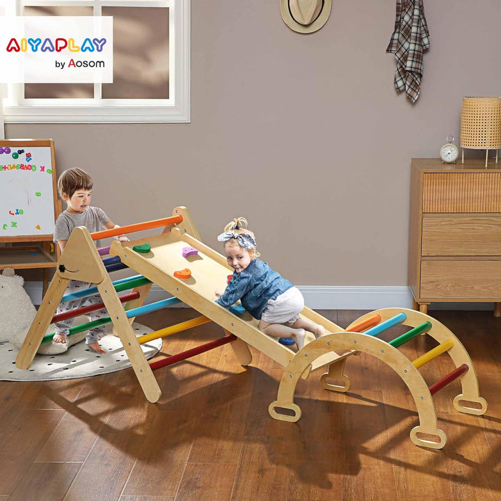 AIYAPLAY 5-in-1 Montessori Klettergerüst Indoor Holz Kletterdreieck mit Kletterbogen, Rutsche Indoor