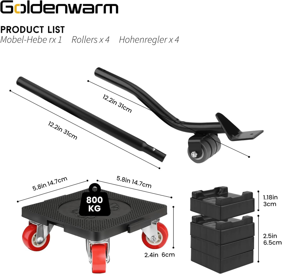 goldenwarm Möbelheber für schwere Möbel 4 Möbelroller mit 5 Stücke 360°Rotation Räder Large 800KG Be