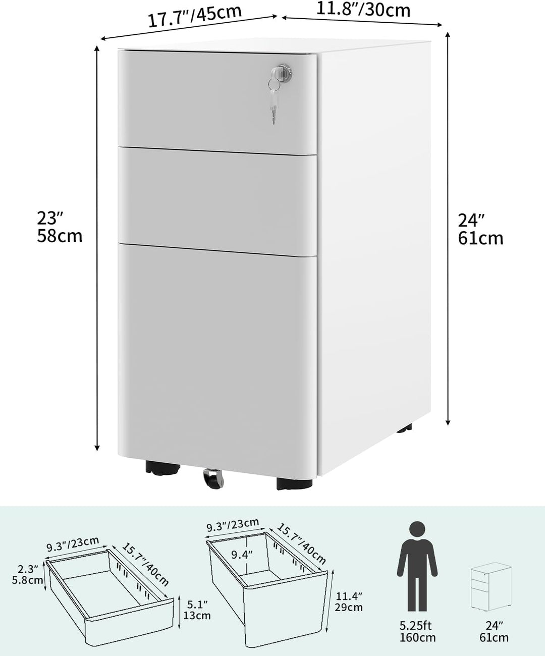 YITAHOME Rollcontainer mit 3 Schubladen, Metall Abschliessbar Aktenschrank für A4, Legal, Letter, Mo