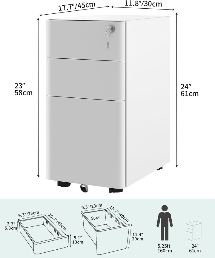 YITAHOME Rollcontainer mit 3 Schubladen, Metall Abschliessbar Aktenschrank für A4, Legal, Letter, Mo
