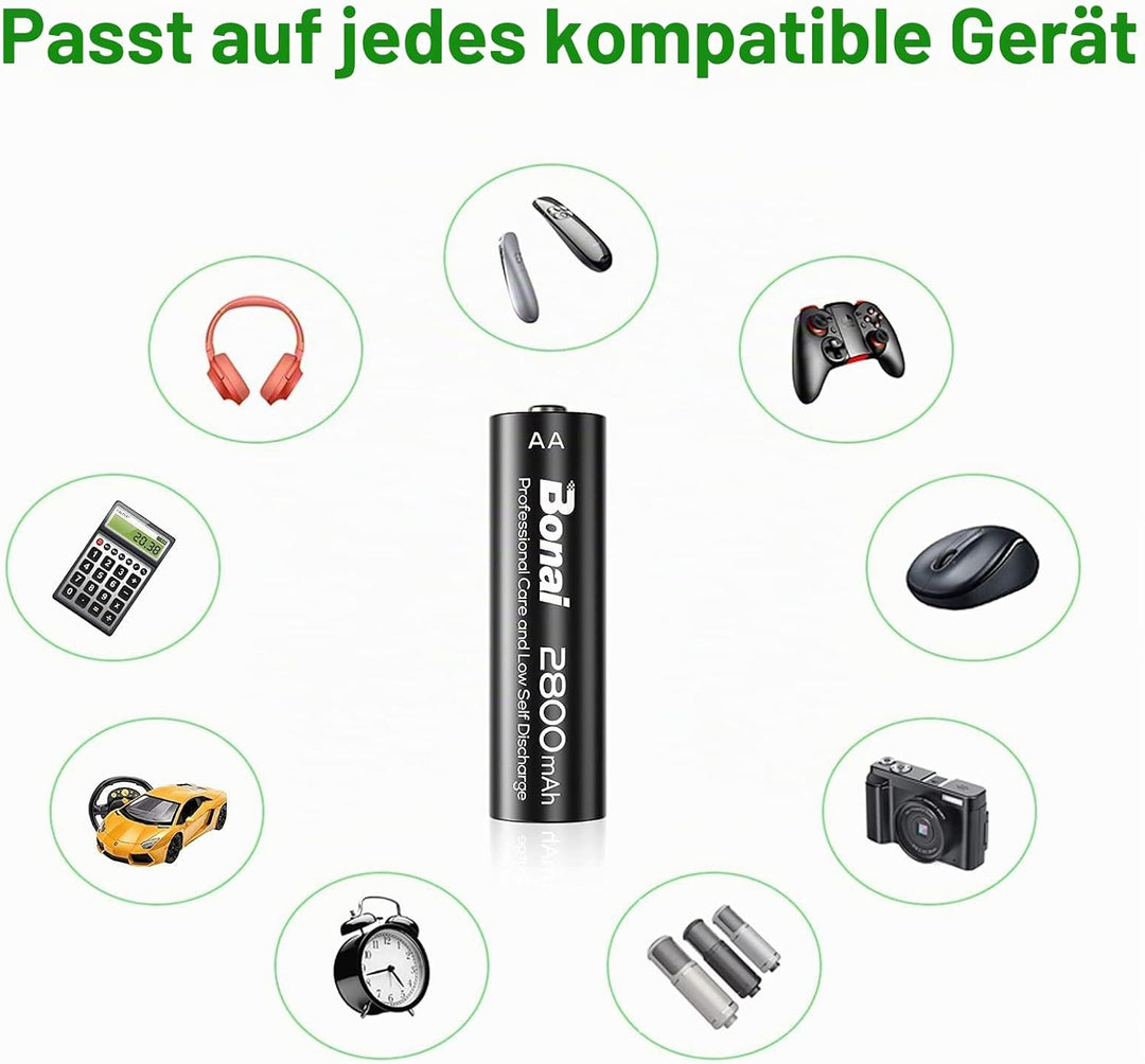 BONAI Akku AA 2800mAh 16 Stück Wiederaufladbare Batterien hohe Kapazität 1,2V Mignon AA Accu NI-MH A