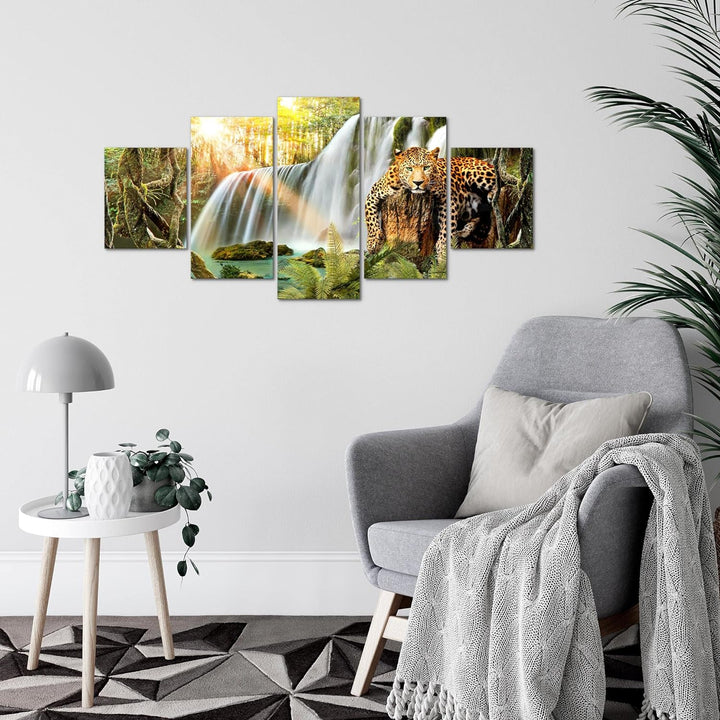 Runa Art Wandbilder Wasserfall Leopard 5 Teilig Bild auf Vlies Leinwand Deko Wohnzimmer Schlafzimmer