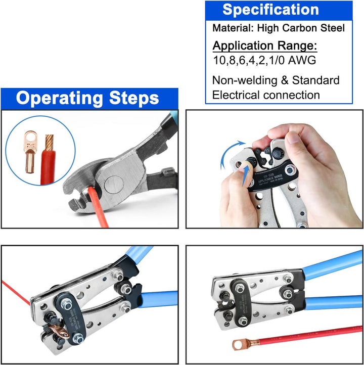 Brileine Batteriekabelschuh Crimpzange Gross 10–1/0 AWG mit 8 Grössen 60 Stück Kupferringklemmen – C