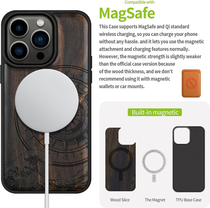 Carveit Holz Handyhülle für iPhone 15 Pro Handyhulle kompatibel mit MagSafe Massivholz für Apple 15