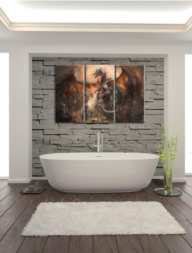 Pixxprint Drache schützend über Burg Pinsel Effekt 3-Teiler Leinwandbild 120x80 Bild auf Leinwand