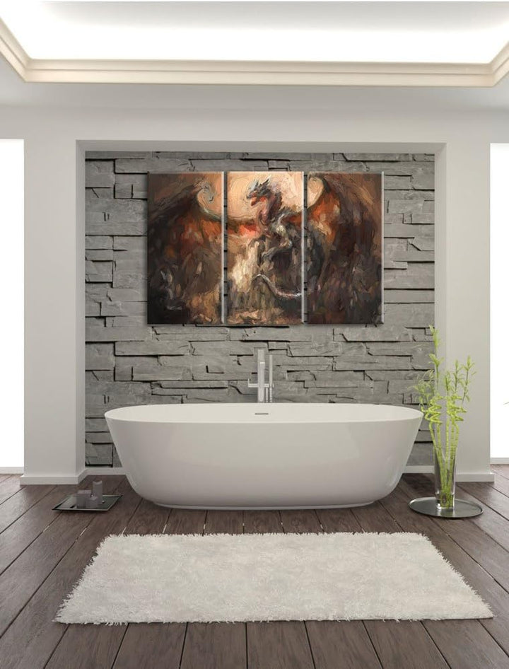 Pixxprint Drache schützend über Burg Pinsel Effekt 3-Teiler Leinwandbild 120x80 Bild auf Leinwand