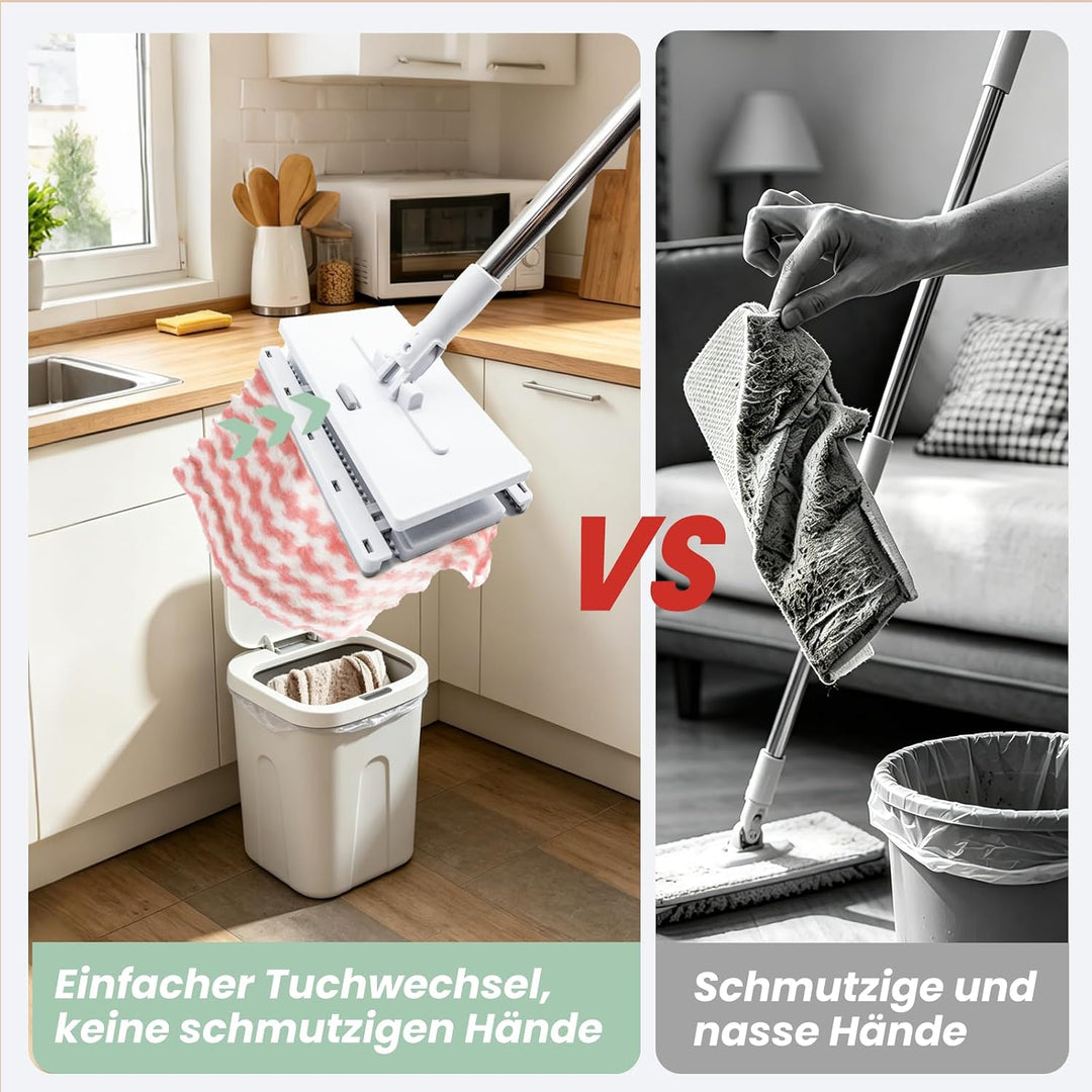 Wischmopp Mini Mopp mit Druck Klemm System, Mini Mop mit Automatischem Tuchwechsel, Bodenwischer Set