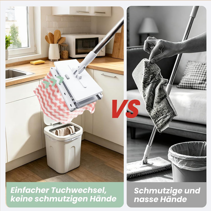 Wischmopp Mini Mopp mit Druck Klemm System, Mini Mop mit Automatischem Tuchwechsel, Bodenwischer Set