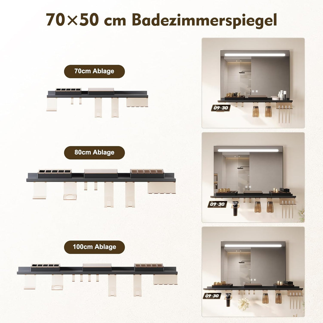 SONNI LED Badspiegel 70x50 cm, LED Wandspiegel mit Ablage 70 cm, 3 einstellbare Lichtfarben, Anti-Be