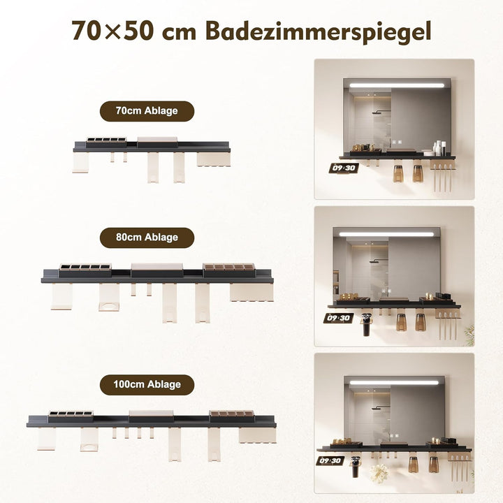SONNI LED Badspiegel 70x50 cm, LED Wandspiegel mit Ablage 70 cm, 3 einstellbare Lichtfarben, Anti-Be