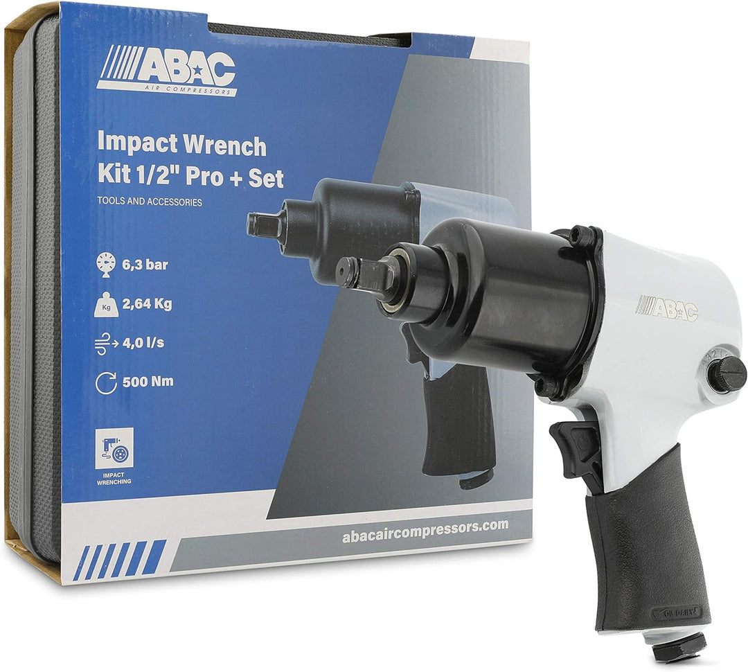 ABAC Druckluft Schlagschrauber 1⁄2" G-102 - Kunststoffkoffer mit Zubehör (10 Steckschlüssel + Verlän