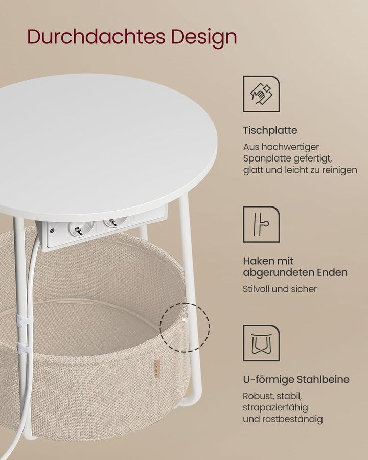 VASAGLE Beistelltisch rund, Kleiner Tisch, Couchtisch mit Steckdose, Wohnzimmertisch, Korb aus Stoff