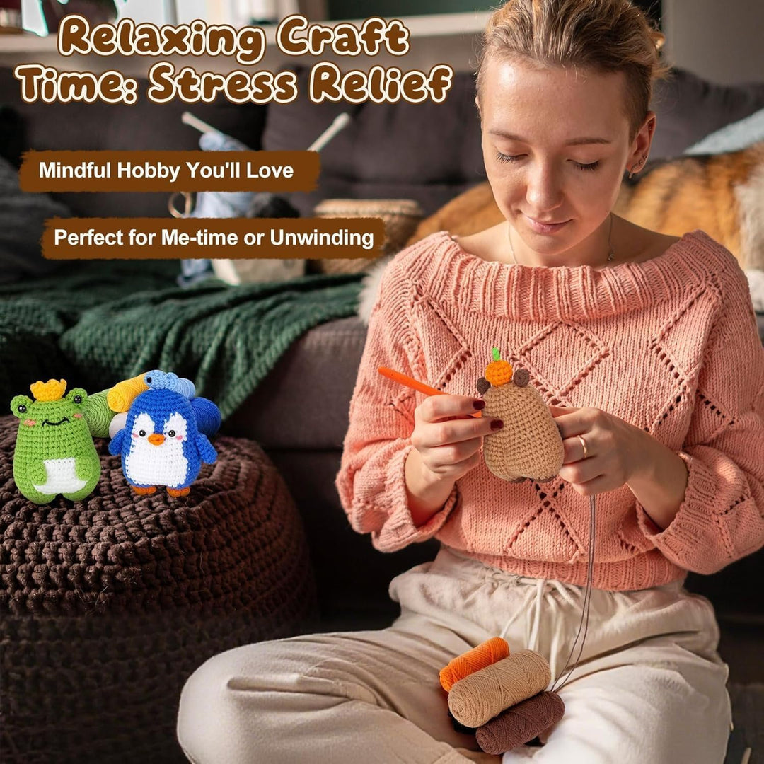 YushengTai Häkelset für Anfänger Capybara, Frosch, Pinguin - Komplettset mit Garn, Häkelnadel & Vide
