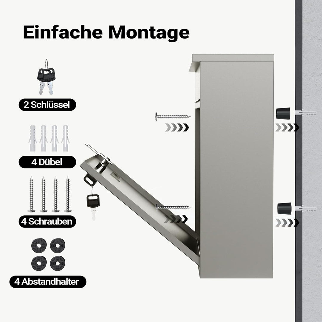 Wiltec Briefkasten V12 Edelstahl 360 x 115 x 315 mm, Wandbriefkasten mit Schloss, Sichtfenstern und