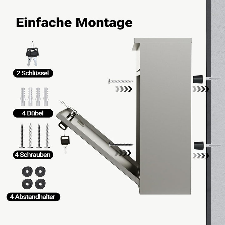 Wiltec Briefkasten V12 Edelstahl 360 x 115 x 315 mm, Wandbriefkasten mit Schloss, Sichtfenstern und