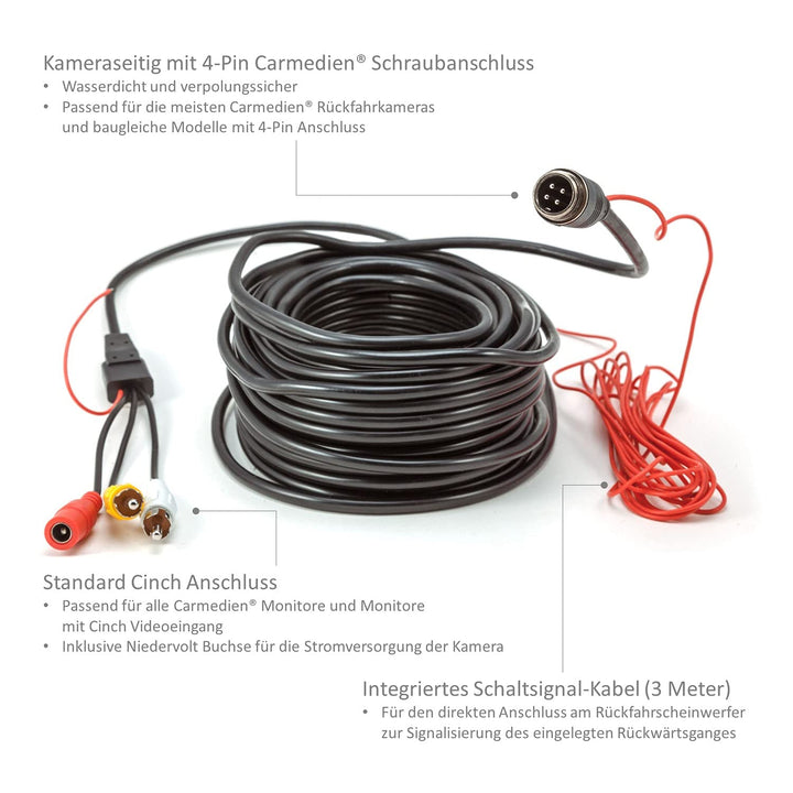 10m Rückfahr-Kamera Anschlusskabel 10 Meter Verbindungskabel Chinch auf 4 Pin Schraubverschluss (RCA