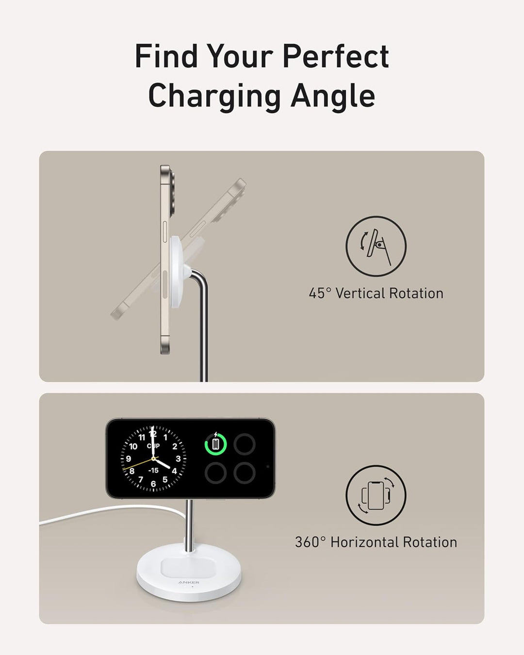 Anker MagGo 15W Magsafe Ladegerät kompatibel, 2-in-1 Induktive Ladestation, Qi2 Wireless Charger für