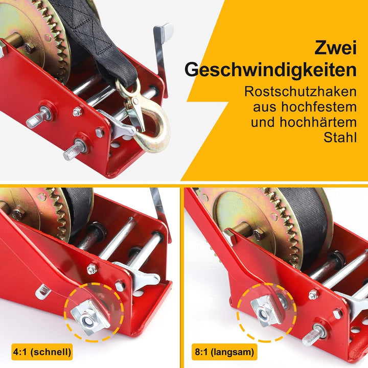 Pindex Handseiwinde mit 10m Gurtband 1600kg/3500LS, Seilwinde mit Bremse für Werkstatt/Garage/Anhäng