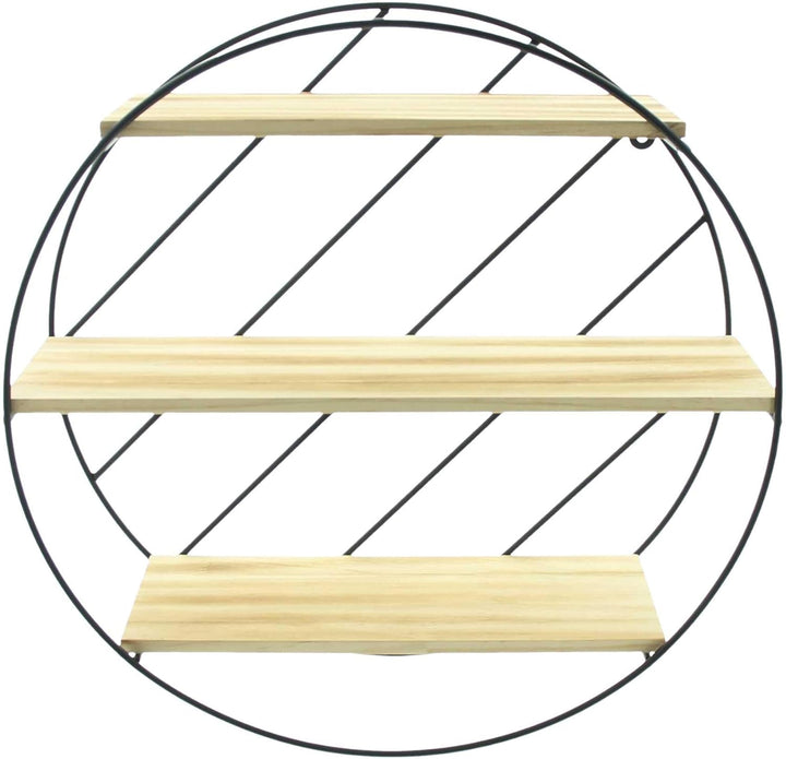 Dekoleidenschaft Wandregal Circle aus Metall schwarz, 3 Holzböden, Hängeregal rund, Dekoregal, Wandd