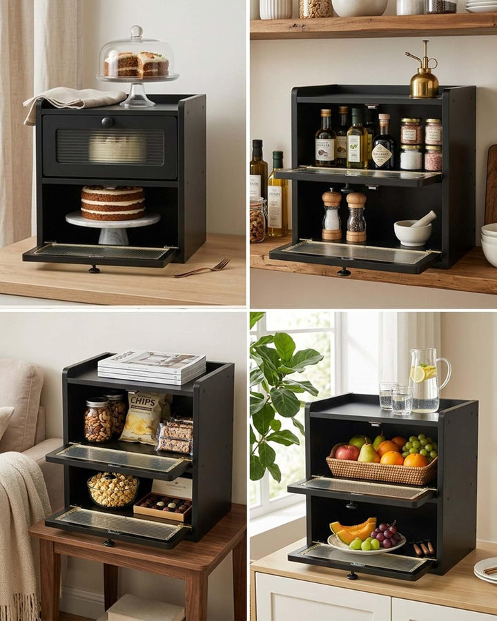 Brotkasten Schwarz 2 Etagen Grosse Brotbox aus Premium Holzwerkstoff (Antimuffa) Moderne Brotaufbewa