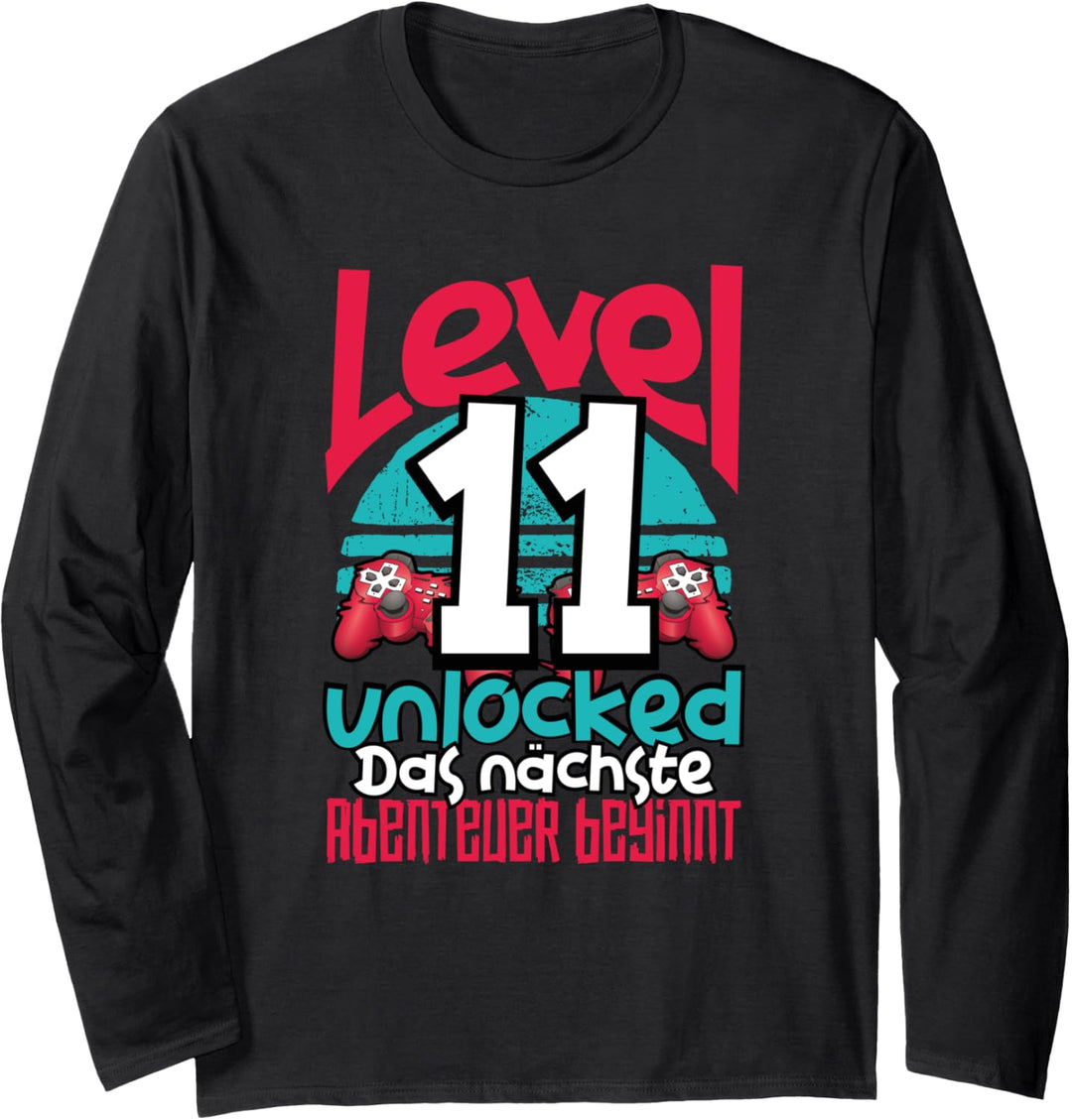 Level 11 Unlocked Gamer 11th Birthday Gift Cool Retro Gaming Langarmshirt