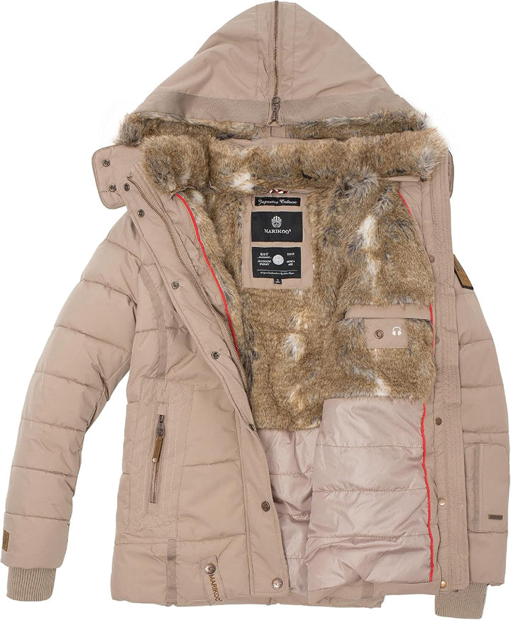 MARIKOO Damen Winterjacke warme Steppjacke mit Kunstfell Innenfutter Nekoo XS-3XL M Light Taupe, M L