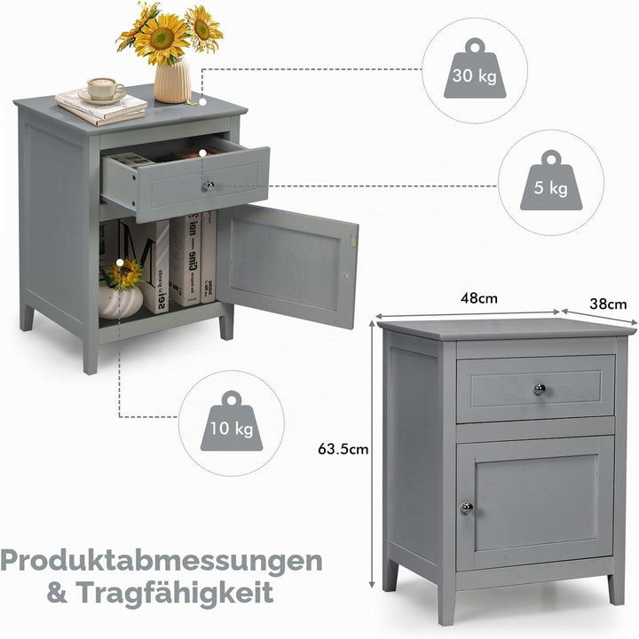 KOMFOTTEU Nachttisch aus Holz, Beistelltisch mit 1 Schublade &amp; 1 Schrank, Sofatisch Nachtkommode für