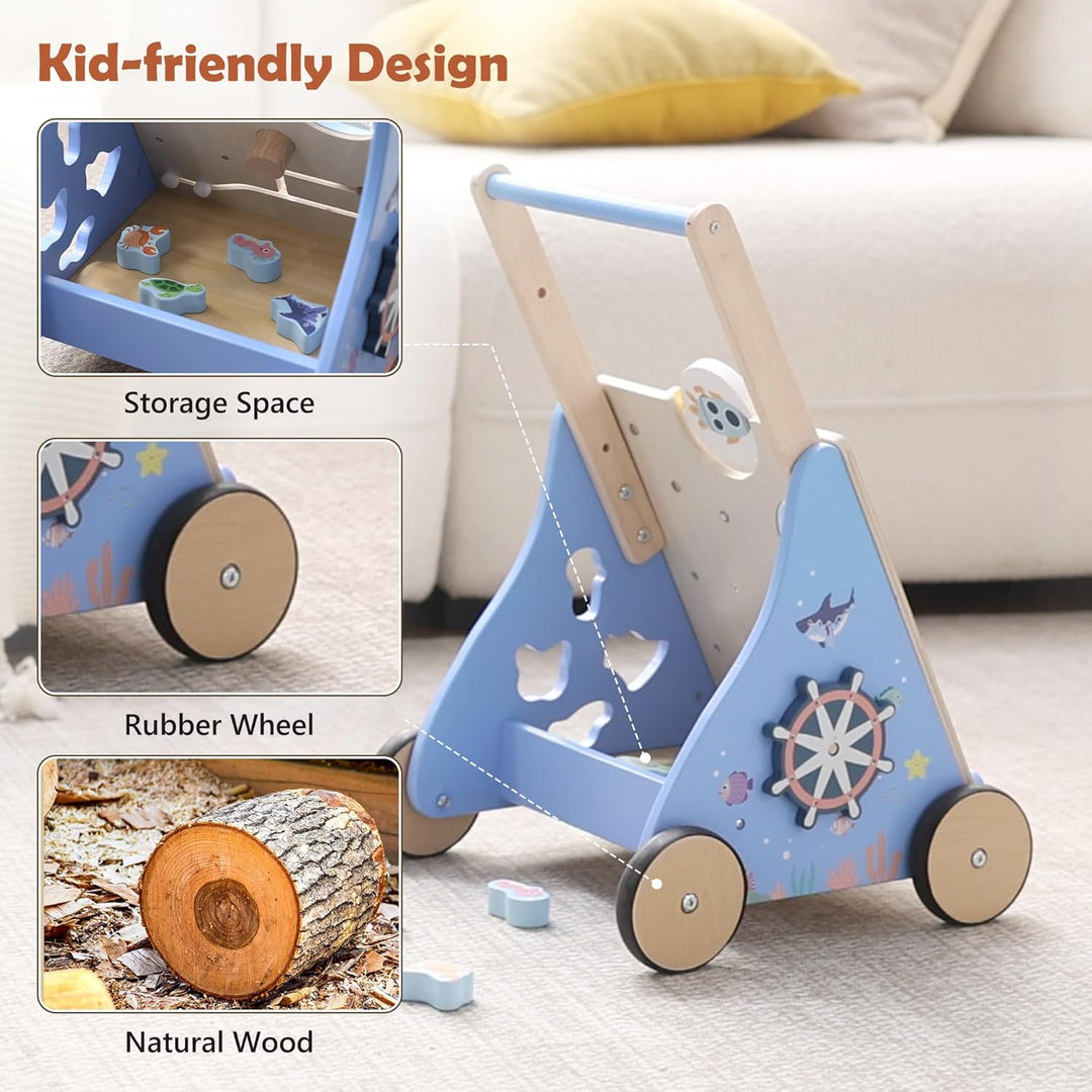 Lauflernwagen Holz, Ozean Baby Lauflernhilfe mit Multifunktional Montessori Spielzeug, Holzspielzeug