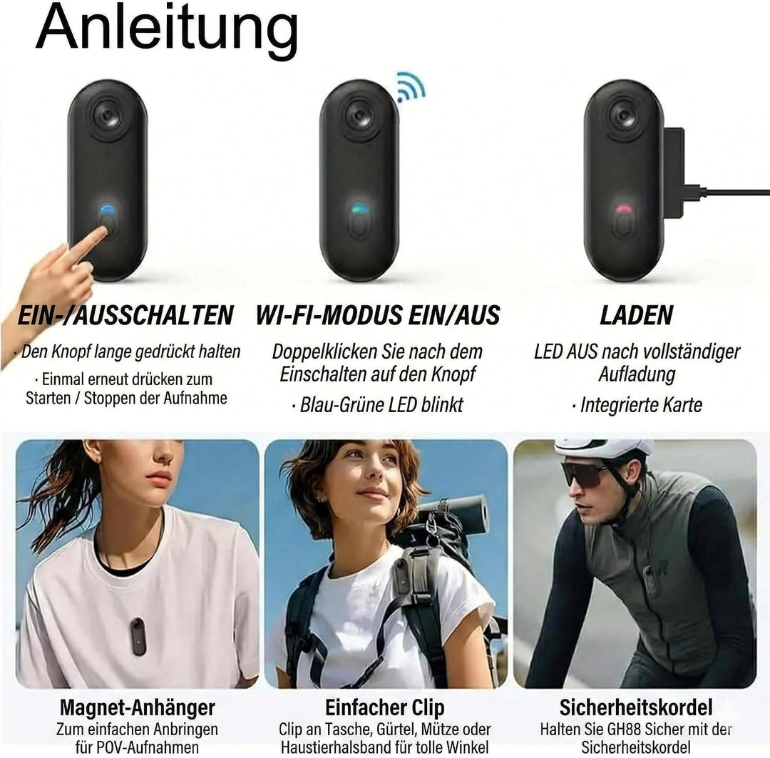 Mini Kamera 1080P Bodycam Action Cam mit Magnetclip &amp; 360° Drehclip, Tragbare Mini Action Cam Wasser