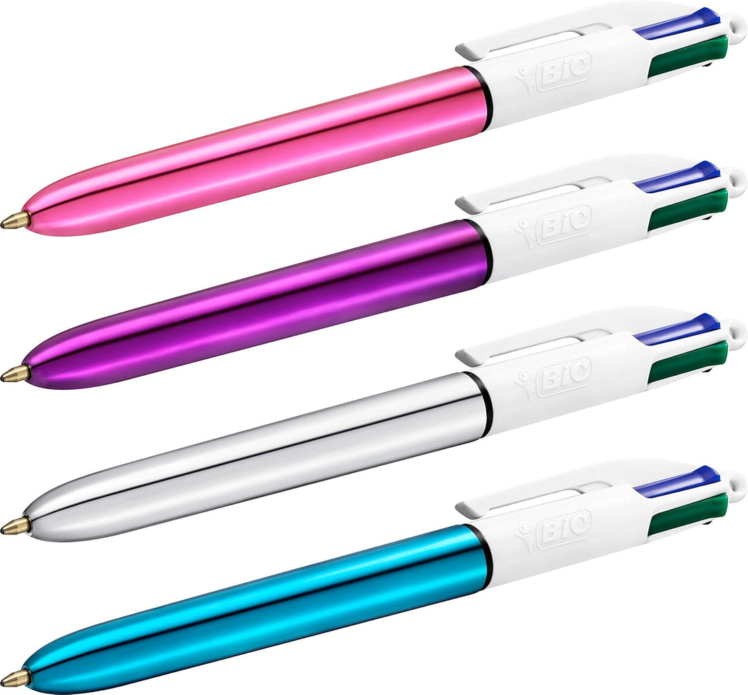 BIC 4 Farben Kugelschreiber Set 4 Colours Shine, Schaft in metallic pink, 12er Pack, Ideal für das B