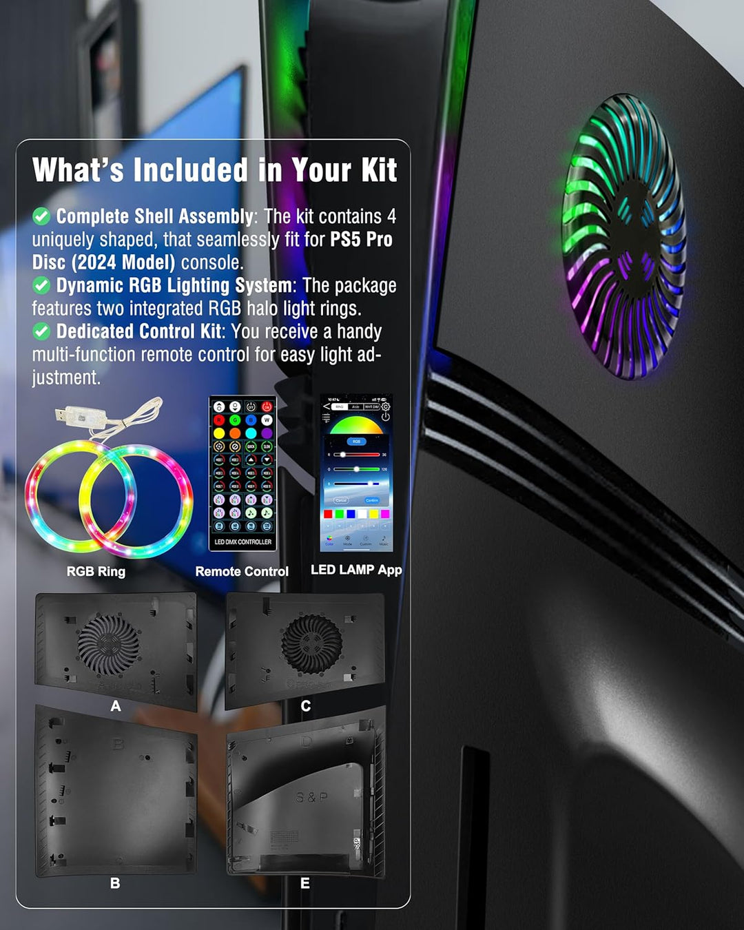 Joso Frontblende für PS5 Pro Disc Edition, Kratzfeste, staubdichte Ersatzhülle mit RGB-Ring, Abdecku