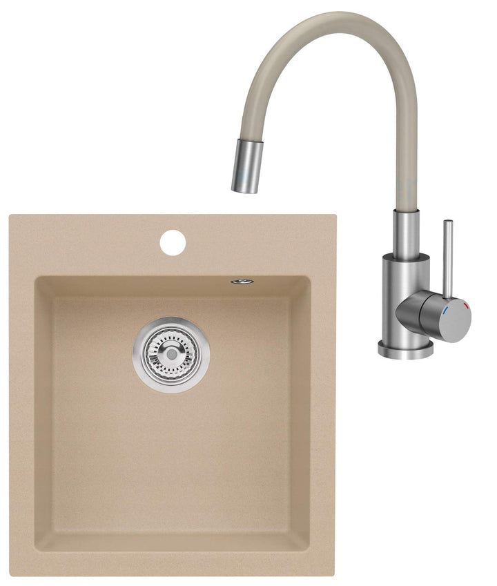 VBChome Spülbecken mit Armatur 45 x 50 cm Beige Einzelbecken Einbauspüle Spüle Küchenspüle Spültisch