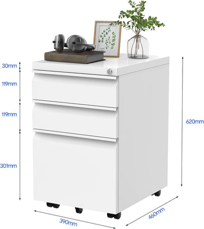 FLEXISPOT Rollcontainer, Metallschrank mit 3 Schubladen, Kommode weiss, Aktenschrank Büroschrank Sch