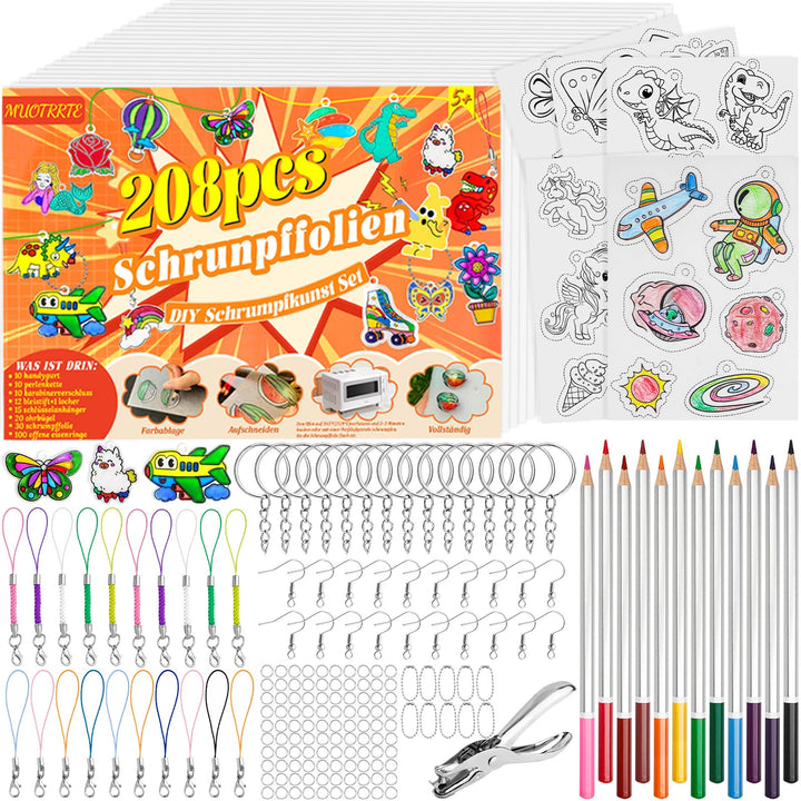 Gushu 208 Stück Schrumpffolie Set zum Schlüsselanhänger set, Bastelset 30 A5 Schrumpffolie,165 Schlü