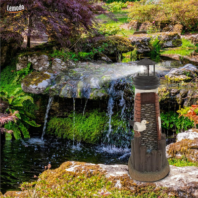 NATIV Gartenbrunnen Leuchtturm mit Möwe | Zierbrunnen mit solarbetriebenem, rotierendem Leuchtfeuer