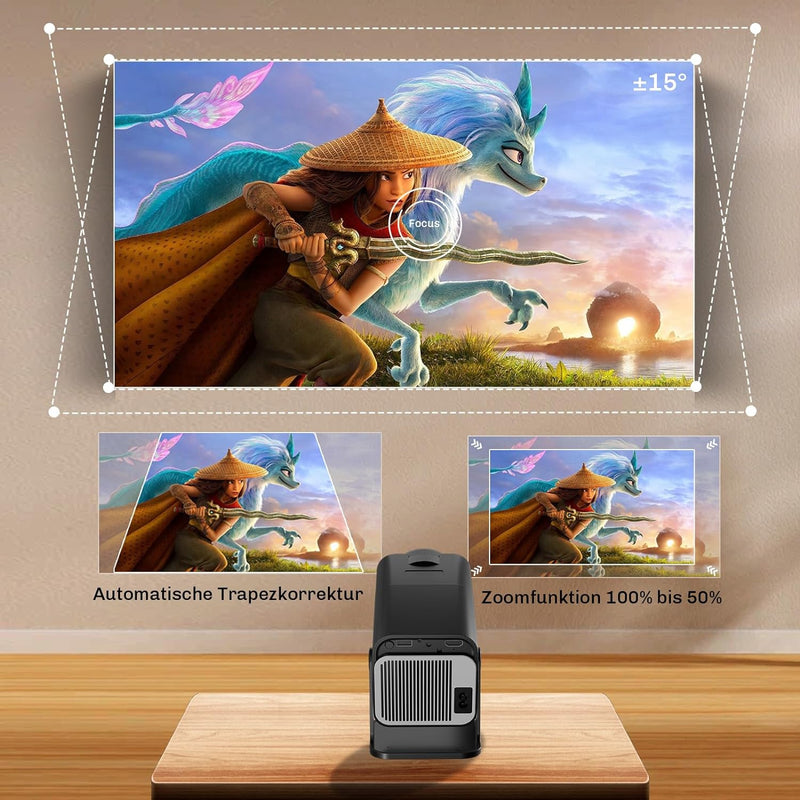【Native 1080P Full HD】 Mini Beamer 4K Andorid TV WiFi Bluetooth 270°drehbar, Klein Tragbarer Kurzdis