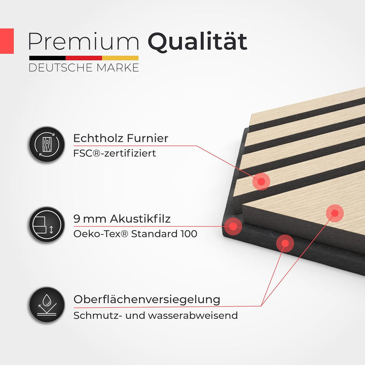 Akustikpaneele Holz selbstklebend – 9er-Set | Echtholz Eiche & Akustikfilz Schwarz | Hexagon 30x26cm