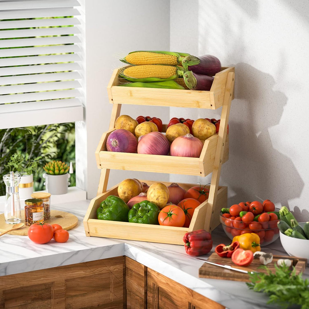 CALM COZY Obstkorb Bambus, 3-stufiger Obst und Gemüse Aufbewahrung Obstschale, Perfekt für Küchenarb
