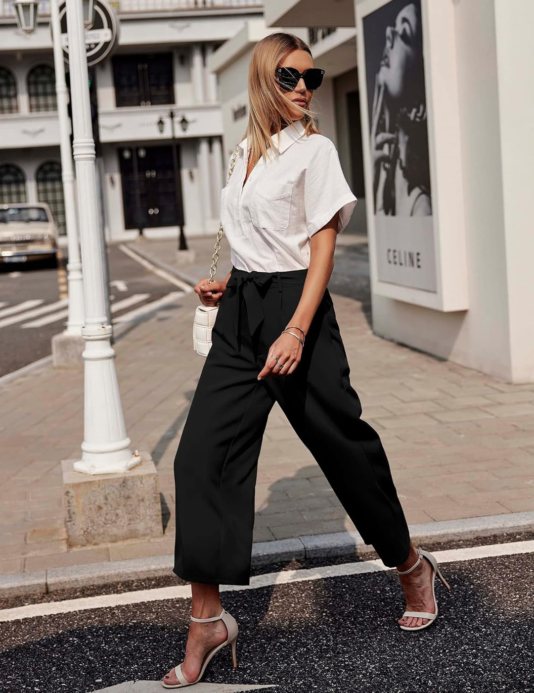 Beyove Damen Weite Hose 7/8 Sommerhose High Waist Elegant Business Hosen Schlaghose Gestreifte Anzug