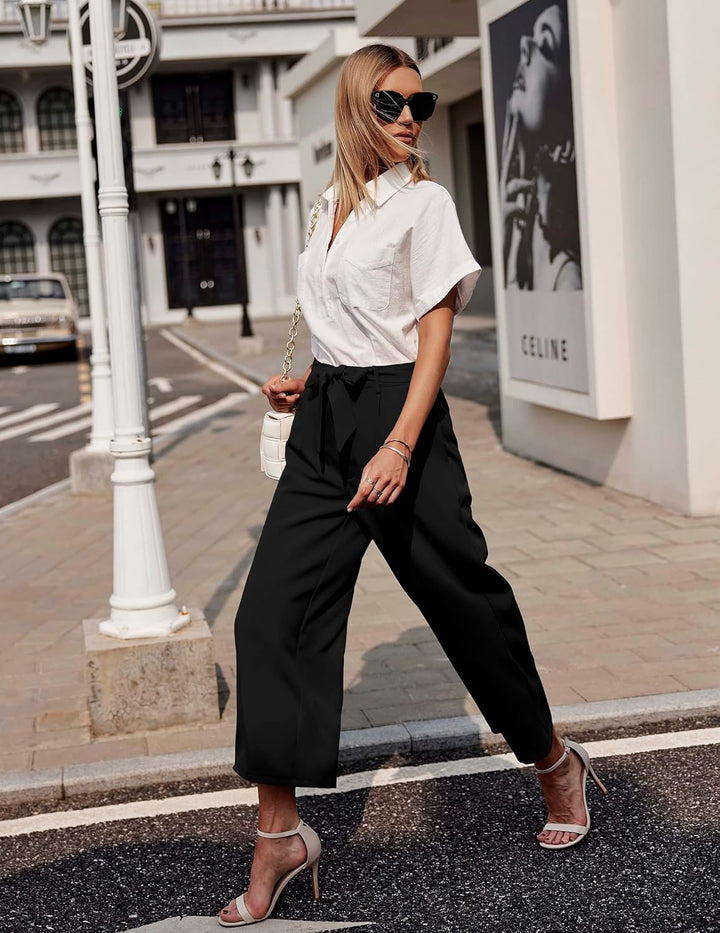 Beyove Damen Weite Hose 7/8 Sommerhose High Waist Elegant Business Hosen Schlaghose Gestreifte Anzug